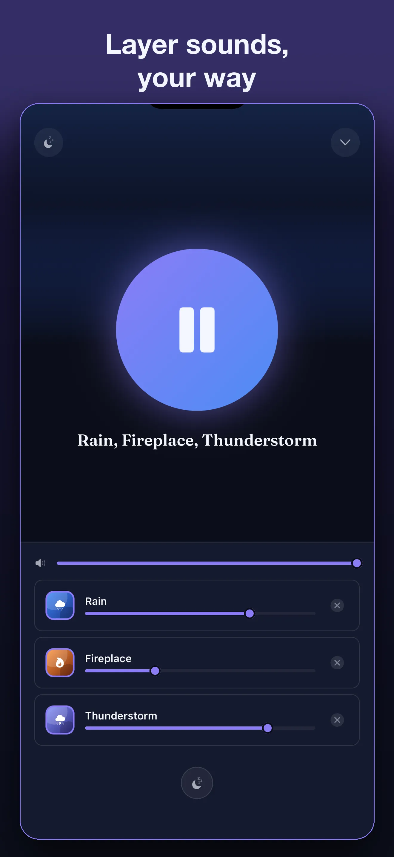 Now Playing in Uyu: Rain, Fireplace and Thunderstorm, each with its own volume slider. Caption: Layer sounds, your way.